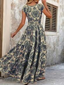 New Summer V-Neck Short Sleeve Floral Printed Dress, Lady Elegant Maxi Long Dress - Navy Blue - View 5