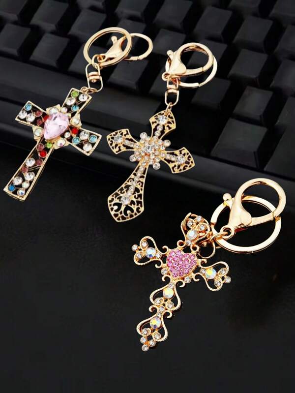 1 Stück funkelnder Strass Kreuz Schlüsselanhänger, Jesus Christus christlicher katholischer Schlüsselanhänger Accessoire für Auto Schlüssel, Haus Schlüssel, Tasche Dekoration Auto Zubehör Taschenanhänger Rucksack für Schule, süßes Gothic Y2K Weihnachtsgeschenk