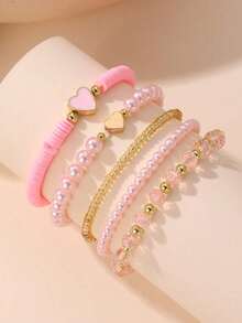 5pcs/Set Lovely Heart Pearl Beaded Bracelet Set For Girls, Suitable For Daily, Party Jewelry, Holiday Gift - Multicolor - View 7