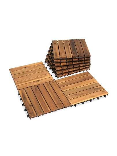 Acacia Wood Patio Deck Tiles - 9 Pcs 6 Slats Interlocking Decking Tiles For Patio Decor, Waterproof Indoor & Outdoor Use, Balcony Garden Decking Tile (12.24*12.24*0.75 Inches) Natural