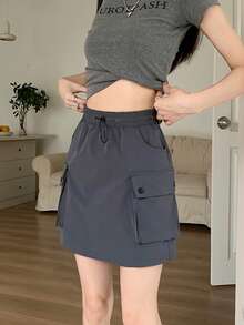 Trabajo Color Sólido Falda Medio Cuerpo faldas para mujer Verano Diseño Delgado Paquete Cadera Falda Cintura Alta Pequeña a-line Falda Corta Pantalones - Gris - Ver 4