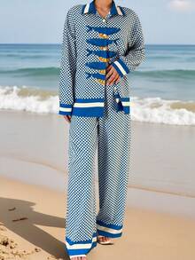 女士宽松休闲沙滩度假格子撞色柠檬沙丁鱼印花长袖上衣和裤子两件套，秋冬春季 - 藍色 - 查看 4