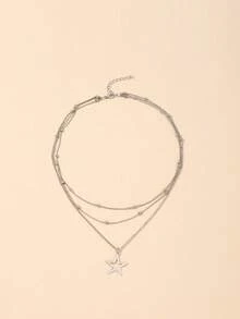 1 件银色多层链项链，带几何空心五角星吊坠，分层设计，适合女性、日常佩戴、节日、派对、礼物 - 銀色 - 查看 3