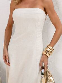 Elegant Strapless Long Linen Dress Linen Wedding Office Holiday Formal And Evening - 米色 - 查看 5