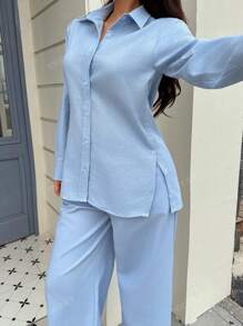 Ensemble 2 pièces pour femme de style arabe, composé d'un cardigan casual à col polo polyvalent en couleur unie élégante, en tissu doux, avec un Top ample et de pantalons larges à plis détendus. Idéal pour la plage, le bureau et la rue.