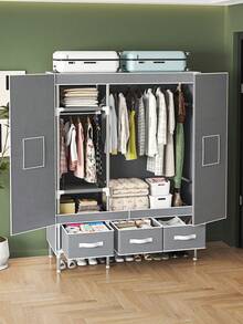 Large Capacity Wardrobe; Magnetic Double-Door; Solid Color Exterior, Modern Minimalist Style, Steel Pipe Assembly Structure Frame, Thicker Pipe Diameter (19mm) Sturdy And Durable, Raised Legs To Store Shoes, Bottom Drawer And Storage Space, Internal Multi-Layer Storage Shelves And Hanging Area, Suitable For Home, Bedroom, Rental, Apartment, Year-Round Clothing Storage Closet Furniture / 112x45x170cm - Multicolor - View 11