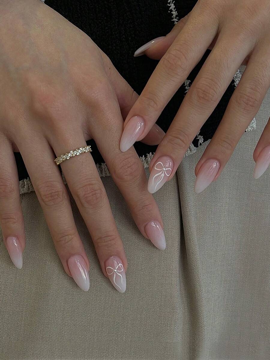 24片中长款杏仁渐变法式美甲贴纸 - 全覆盖人造指甲，带蝴蝶结装饰 - 可重复使用的粘性假指甲，适合女性和女孩（蝴蝶结）美甲用品 - 彩色 - 查看 1