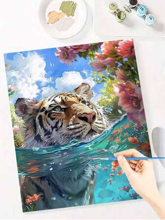 Tiger In Water Beginner Friendly Digital Oil Painting, Super Clear Pattern, Rich Paint Easy To Color, Easily Create Artistic Masterpieces, Suitable For Decoration And Gifts! High-Cost-Effective Digital Oil Painting, Massive Patterns To Choose From, Sufficient Paint, Experience The Sense Of Accomplishment Of A Master Painter At Home, Frameless 40x50cm