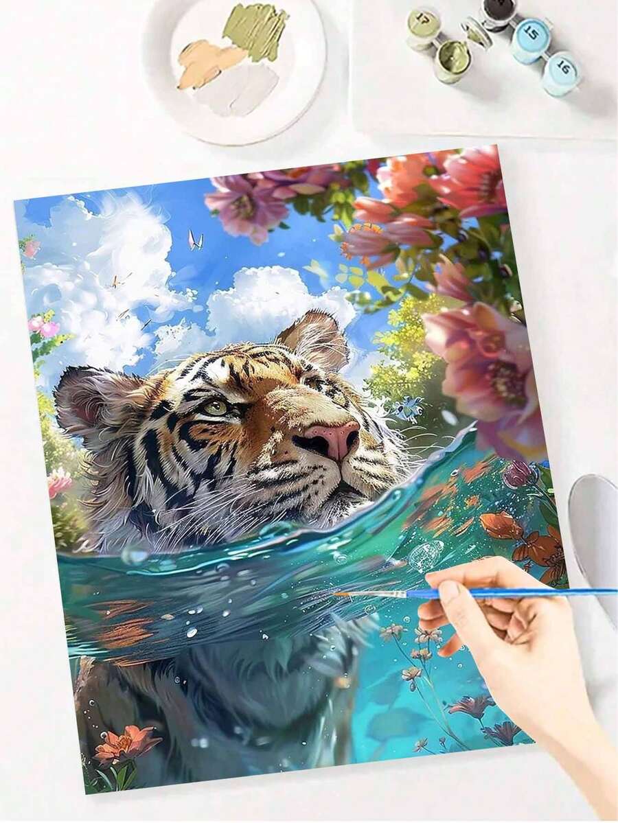 Tiger In Water Beginner Friendly Digital Oil Painting, Super Clear Pattern, Rich Paint Easy To Color, Easily Create Artistic Masterpieces, Suitable For Decoration And Gifts! High-Cost-Effective Digital Oil Painting, Massive Patterns To Choose From, Sufficient Paint, Experience The Sense Of Accomplishment Of A Master Painter At Home, Frameless 40x50cm - Blue - View 1