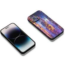 The Phone Case Features A Futuristic Cityscape With Tall Skyscrapers Illuminated In Vibrant Hues Of Blue, Purple, And Orange. Prominently, There Are Hexagonal Patterns Resembling Honeycombs And Small Bees Flying Around, Creating A Sci-Fi Atmosphere. 1pc  Phone Case For Apple  16 15 14 13 12 11Plus Pro Max SE Series Phone Case For  Friends, Girlfriends, Boyfriends, Family Or Yourself. - Black - View 2