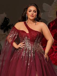 VIPGIRL Elegante vestido de noche de talla grande color borgoña con abertura alta, adornado con detalles asimétricos de lentejuelas y mangas de gasa fluidas, apropiado para fiestas elegantes, galas y ocasiones formales - Burdeos - Ver 7