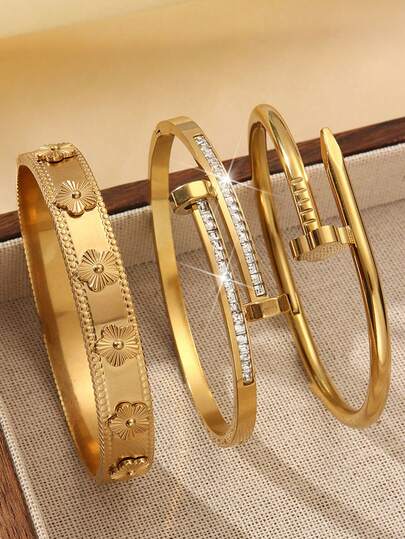 ZNICE 3pcs/Set 18k Gold Plated Stainless Steel 5-Leaf Flower Bangle Bracelet, Shiny Rivet Bracelet, Waterproof & Fade-Resistant, Suitable For Daily Wear, Parties, Gifts For Women, Relatives, Friends
