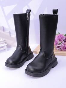 Children's Flat Boots, Girls Shoes For Autumn/Winter, Side Zipper Mid-Calf Boots, Toddler/Little/Big Kid Thick Sole - Black - View 7