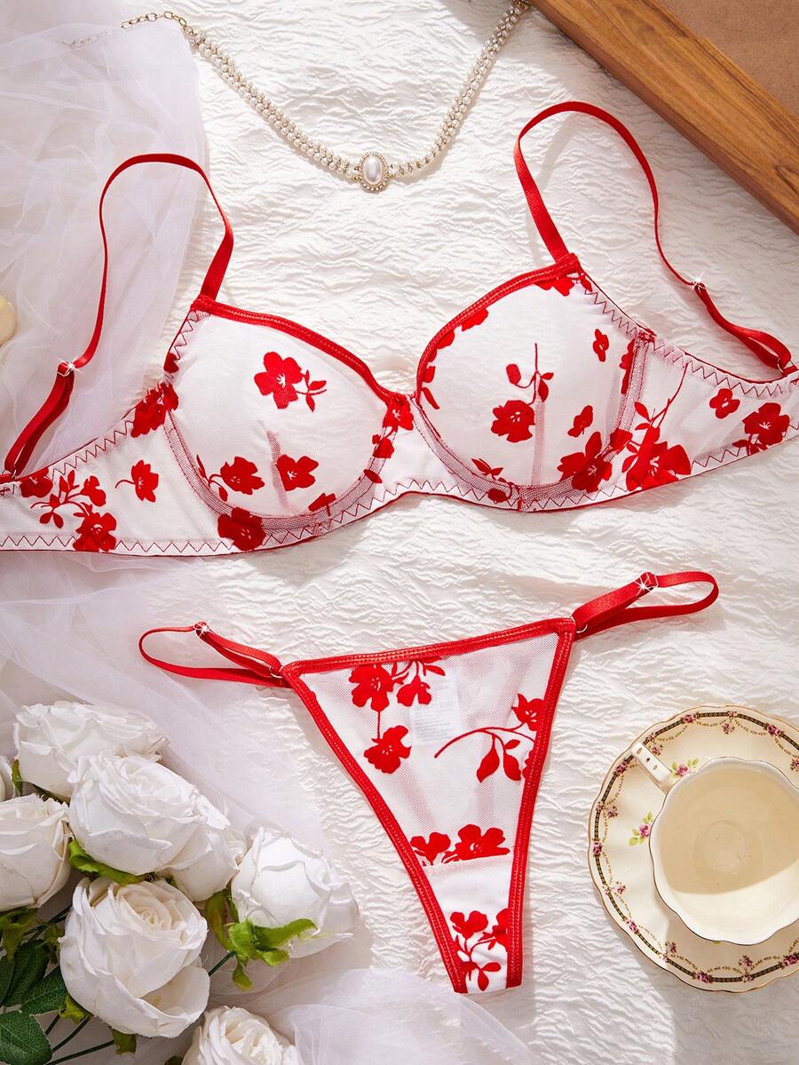 2 件女士性感内衣套装 - 红色花朵植绒网纱透视文胸和内裤超薄文胸 - 紅色 - 查看 1