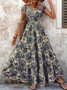 New Summer V-Neck Short Sleeve Floral Printed Dress, Lady Elegant Maxi Long Dress - Navy Blue - View 4