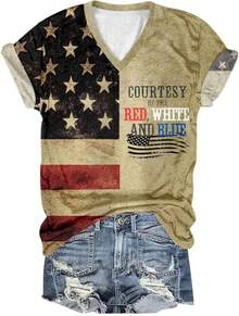 4th Of July V Neck Patriotic T-Shirts Women American Flag Print Faith Family Freedom Letter Casual Short Sleeve Tee Tops Halloween Christmas New Year - 紮染-1 - 查看 1