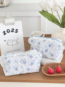 Bolsa de maquillaje de tela suave con encaje en forma de lazo, estilo lindo y dulce, gran capacidad, bolsa de lavado portátil para viajes, bolso versátil desmontable para damas