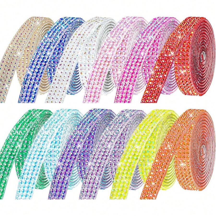 Entrega local - Cintas con cristal de estrás autoadhesivas, 12 rollos de tiras enjoyadas de 12 yardas para manualidades DIY, cristales de estrás para artesanía - 12 colores-2 - Ver 1