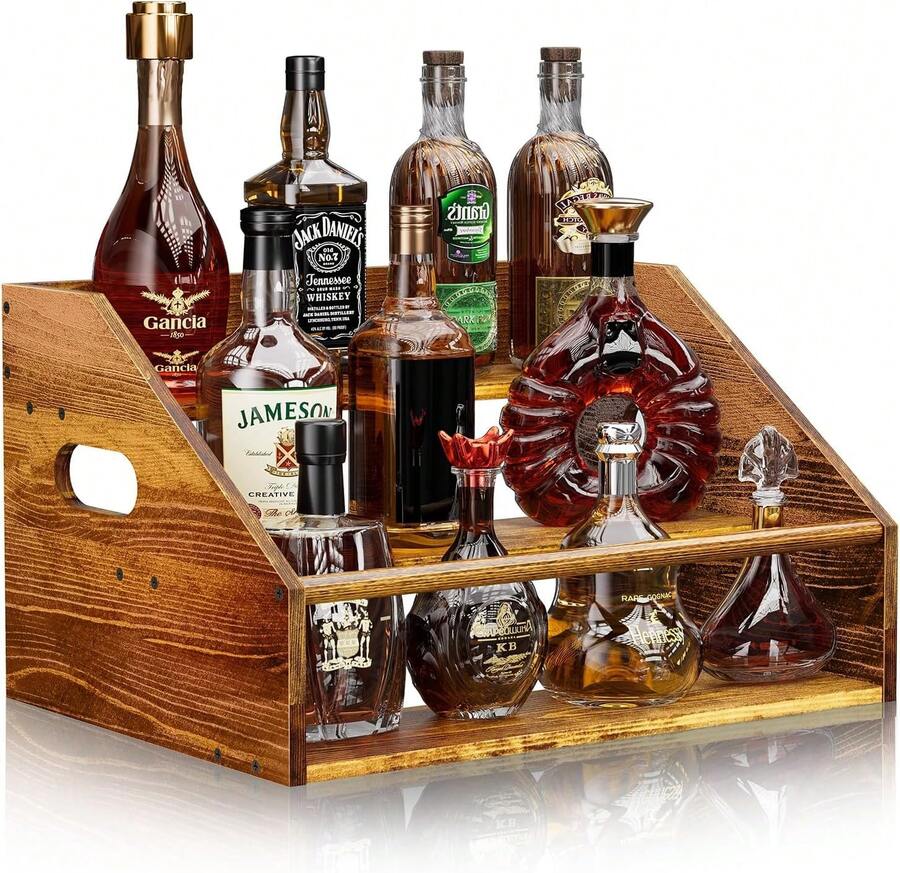 3 Tier Wood Liquor Bottle Display Shelf, Coffee Syrup Organizer Rack, Wine Racks Countertop, Bar Shelf For Vodka Tequila Whiskey, Liquor Cabinet For Home Decor, Mini Bar, Brown Bar Organizer - Multicolor - View 1
