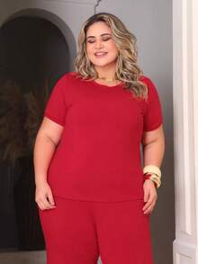 Women's Plus Size Set Of Sweatpants And Short-Sleeved Top - 紅色 - 查看 6