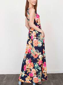 Boho Retro Vintage  Solid  Grey Color Block Color Sleeveless Grey Maxi Dress Racer | S-3X - Blue Floral - View 8