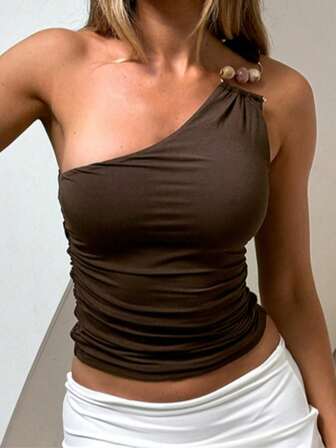 Chic Asymmetrical Neck Crop Top For Women Sleeveless Ruched Design With Chain Detail Knitted Fabric