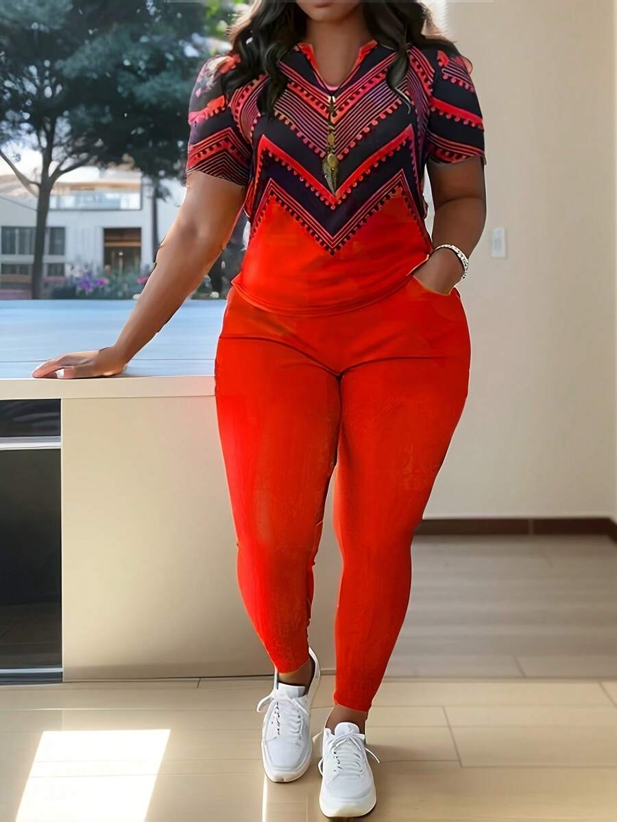 Womens Plus Size Bohemian Two Pieces Set Casual , V Neck Short Sleeve Top & Pants Outfits For Spring, Fall & Summer, Comfortable Polyester For Casual Attire, Versatile Clothing, Women'S Plus Size Clothing - Đỏ - Xem 1