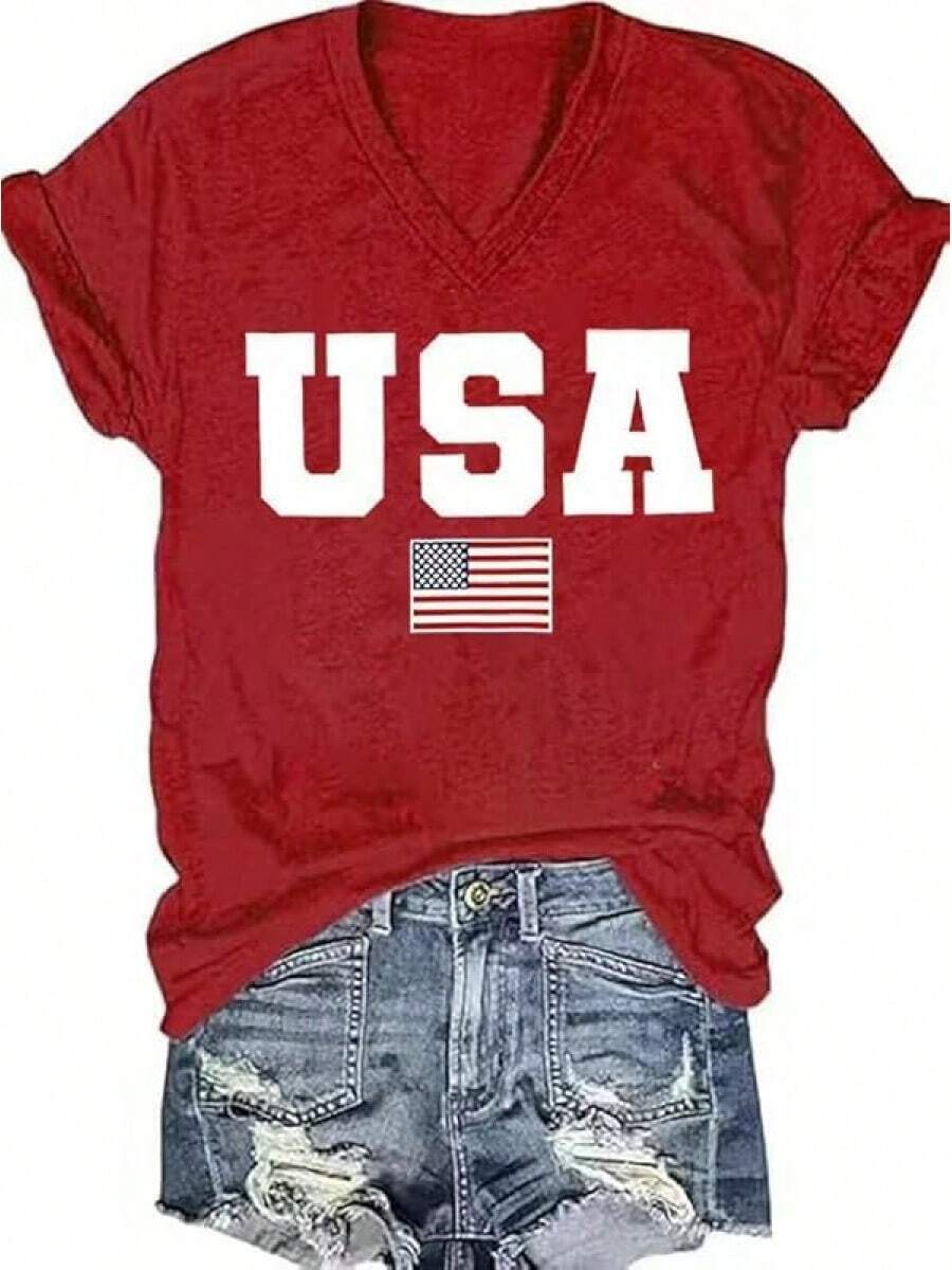 4th Of July V Neck Patriotic T-Shirts Women American Flag Print Faith Family Freedom Letter Casual Short Sleeve Tee Tops Halloween Christmas New Year - Red-4 - 查看 1