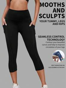 1pc Spring/Summer Capri Length Yoga Compression Capri Pants, Waist & Stomach Slimming, Casual Sports Leggings With Side Pockets - Black - View 2