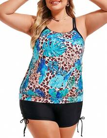 Womens Plus Size Striped Printed Strappy Tankini Top With Shorts Two Pieces Swimsuit - Leopard Blue Leaf - View 2