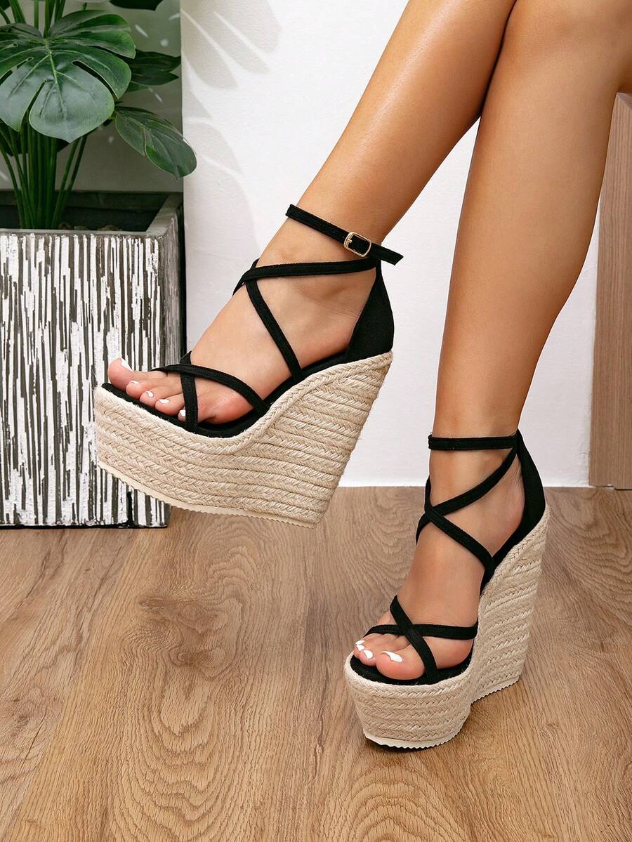 Giày sandal đế xuồng dệt kim dành cho nữ, đế chống thấm nước, mũi hở, quai dây thừng, nơ, kiểu dáng bohemian, giày cao gót hở gót, giày casual mùa xuân, trang phục mùa hè, phụ kiện du lịch thiết yếu - màu đen - Xem 1