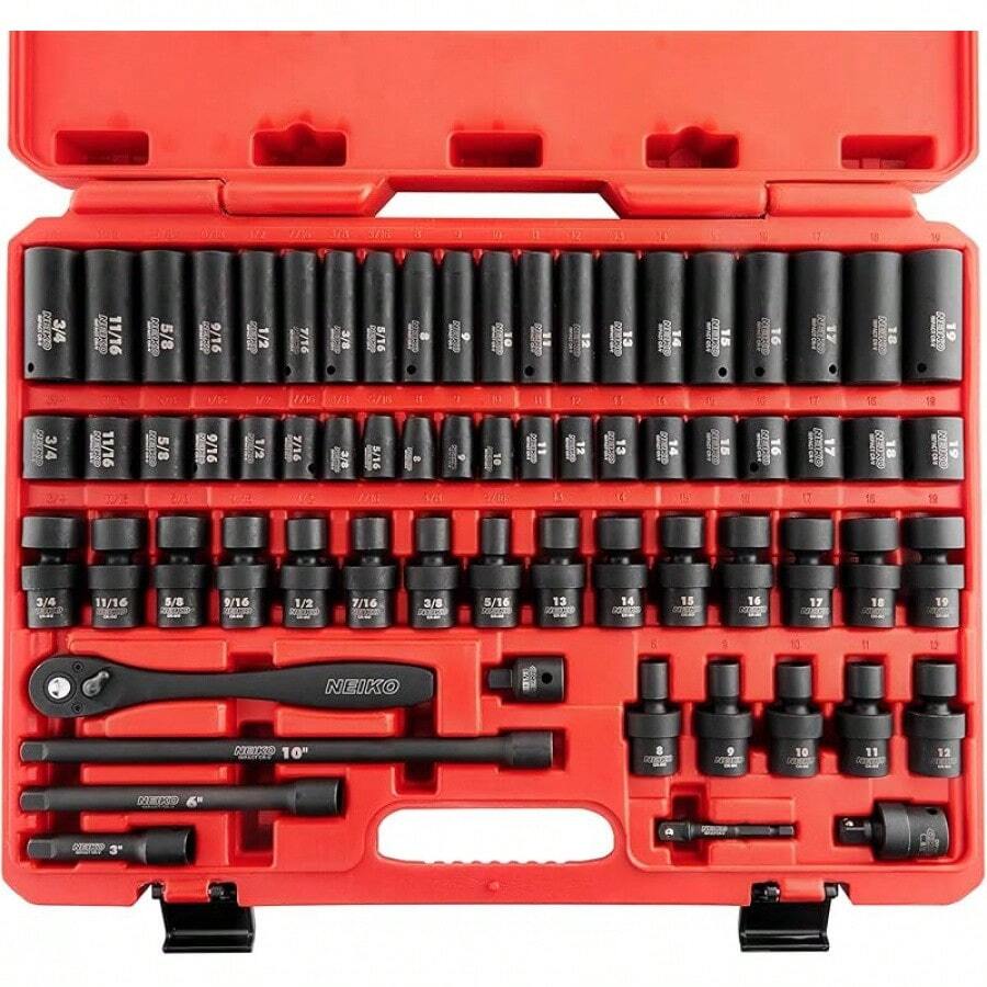 Set de vasos de impacto maestros de 3/8" y 1/2" - 38 piezas - con medidas estándar SAE (pulgadas) y métricas (mm) - de vaso profundo y superficial - Acero Cr-V - Incluye vasos Duométricos - Profundo y superficial - Ver 1