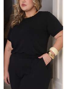 Women's Plus Size Set Of Sweatpants And Short-Sleeved Top - Black - View 8