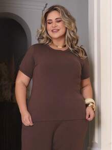 Women's Plus Size Set Of Sweatpants And Short-Sleeved Top - Coffee Brown - View 6