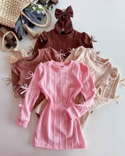Pequeninos Kids - Vestido Infantil Feminino com Laços e Manga Longa Tecido Texturizado Premium