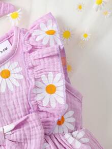 Baby Girls' Summer Dress, Cute Daisy Floral Print Pleated Sleeveless Dress + Headband - Purple - View 4
