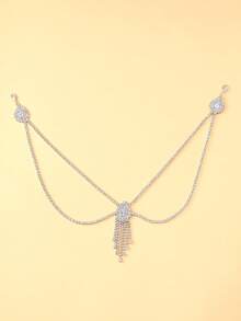 1pc Fully Rhinestoned Cross Back Chain With Water Drop Tassel, New Fashion Bridal Gown Body Chain - Silver - View 2