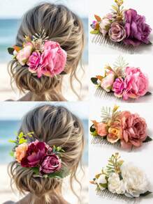 Nuevo accesorio para el cabello de estilo bohemio con flor de tela de rosa para novia y accesorios para el cabello de vacaciones en la playa, peinetas para el cabello lateral, artículos escolares