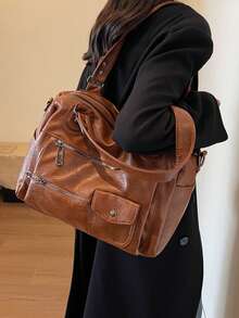 1 chiếc túi đeo vai da PU cổ điển dung tích lớn, túi xách và ví thường ngày cho phụ nữ thích hợp để đi mua sắm, văn phòng, trường đại học, công việc, kinh doanh, đi làm, hoạt động ngoài trời, du lịch - màu nâu - Xem 5