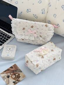 Bolsa de maquillaje de tela suave con encaje en forma de lazo, estilo lindo y dulce, gran capacidad, bolsa de lavado portátil para viajes, bolso versátil desmontable para damas