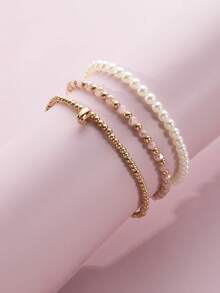 3 件套时尚弹力仿珍珠串珠脚链，海滩/度假风格 - 彩色 - 查看 2