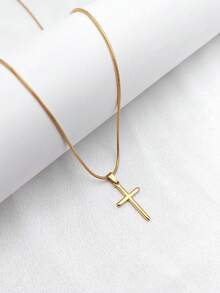 1pc Elegant French Chic Oil Pressed 3D Stainless Steel Cross Pendant Necklace, Luxury Minimalist Design, Versatile Holiday Jewelry - Silver - View 12