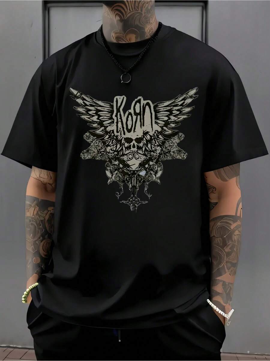 Korn Band Skull Wings Graphic T-Shirt, Men's Crew Neck 220gsm Summer Pure Cotton Short Sleeve T-Shirt (1 Piece) - 黑色 - 查看 1