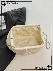 Cloud Pleated Multipurpose Sequins Party Wristlet Bag, Fashion Chain Shoulder Bag, Sequins Strap Crossbody Evening Bag - White - View 7