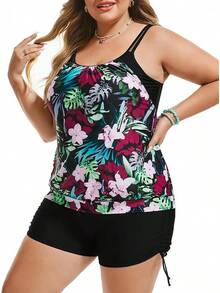 Womens Plus Size Striped Printed Strappy Tankini Top With Shorts Two Pieces Swimsuit - Pink and Red Flower - View 4