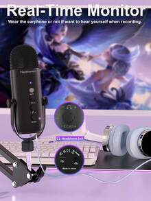 Haomuren Gaming Microphone Kit For Phone/PC/Laptop,Podcast Condenser USB Mic With Boom Arm, Cardioid Microphone With Mute Button,Echo Volume Gain Knob,Adjust Monitor For Living Streaming, Recording, Podcasting, No Lightning Adapter - Black - View 7