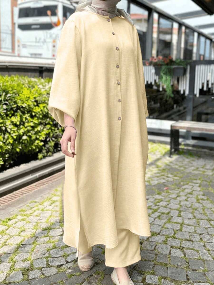 Set da 2 pezzi, vestito con bottoni anteriori, scollo rotondo e spacco laterale e pantaloni, stile arabo, per donna