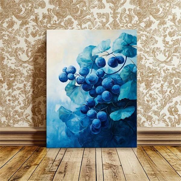 1pc A Canvas Artwork Depicting A Unique Blue Grape Cluster With Large Leaves, Designed Abstractly And Perfect For Decorating Walls In Living Rooms, Bedrooms, Or Art Studios. This Vivid And Modern Artwork Makes A Strong Statement For Art Enthusiasts And Serves As A Great Holiday Gift Or Home Decoration, Modern Framess Wall Arts Posters