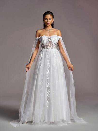 Faeriesty Elegant Off-Shoulder Wedding Dress With Sheer Chiffon Shawl Sleeves And Delicate Floral Appliques - Perfect For Bridal Receptions, High-Fashion Photoshoots, And Enchanted Garden Weddings.