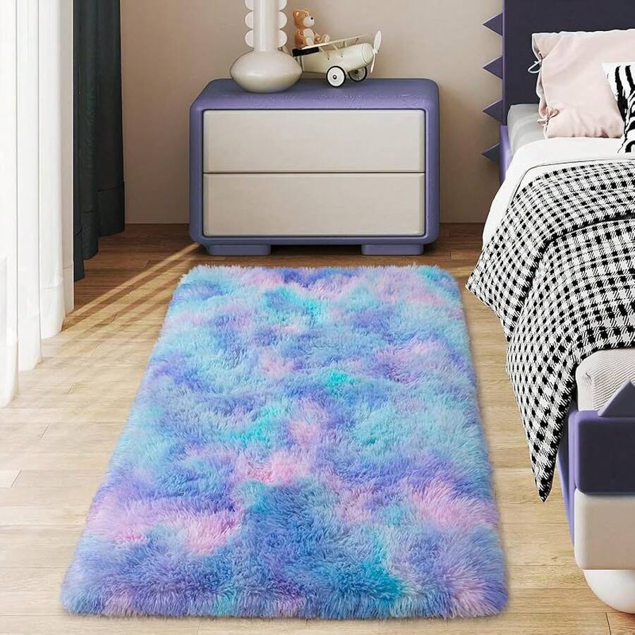 Soft Fluffy Shag Throw Area Rug, 2x4 Black, Non-Slip Bedroom, Hallways, Bedside, Dorm, Living Room - Long Shaggy Rug - Purple Rainbow - View 1